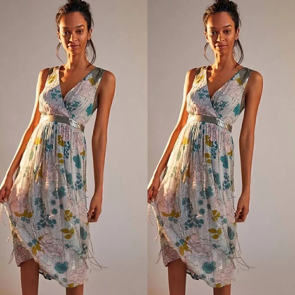 ANTHROPOLOGIE Sylvia Beaded Fringe Midi Dress